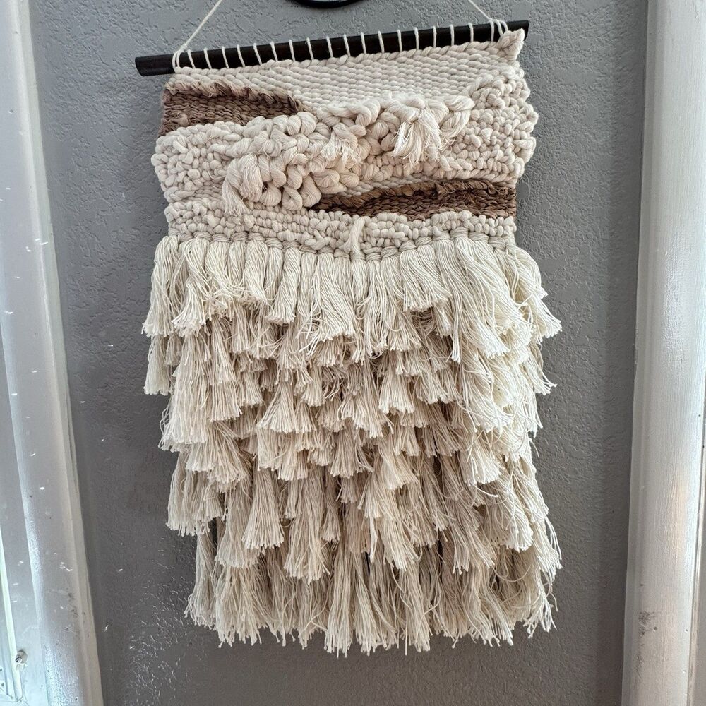 Woven Macrame Wall Hanging Tapestry Cream Tan Fringe Fiber Art Handmade